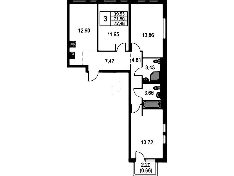 3-комнатная квартира 72.46 м², 8/15 эт., ЖК «Невская Долина»
